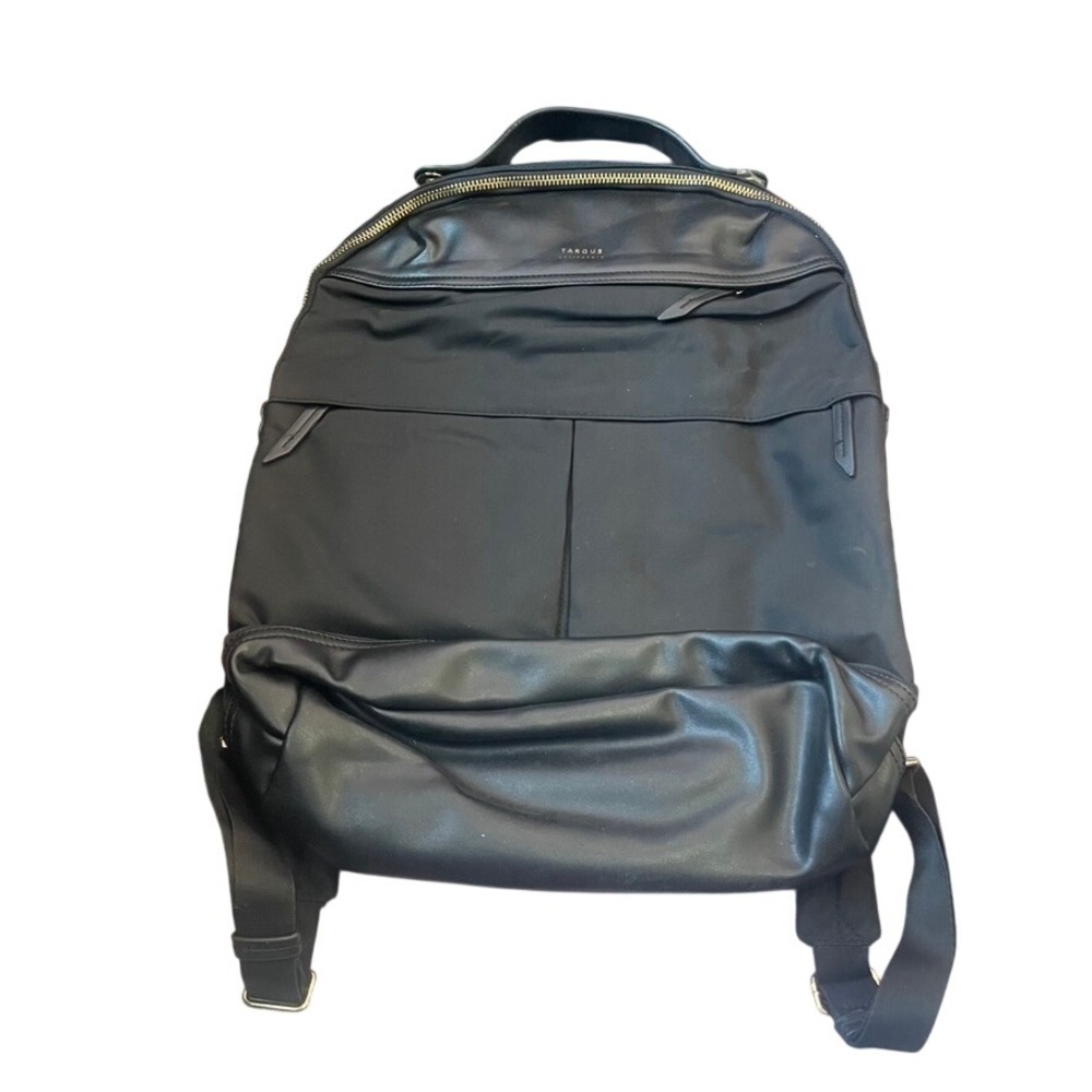 Targus Black Nylon Faux Leather Backpack Laptop Bag Gold Accents Orange Interior